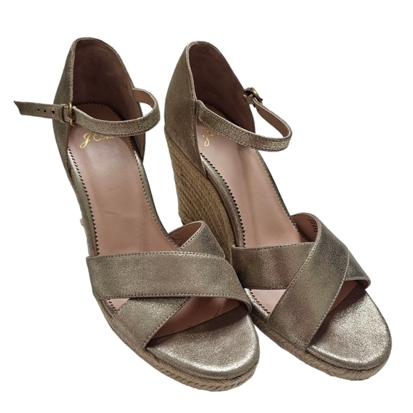 J. Crew Shoes - J. Crew Gold Pewter Jute Wedge Metallic Leather Sandals Strappy Shoes Size 10